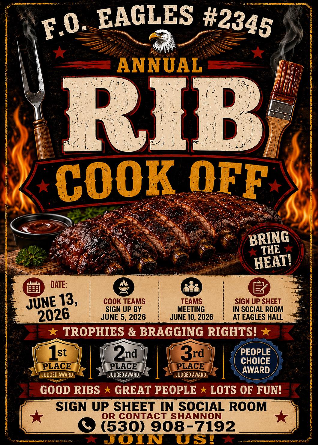 F.O.Eagles #2345, Woodland will be having their annual rib cook off.